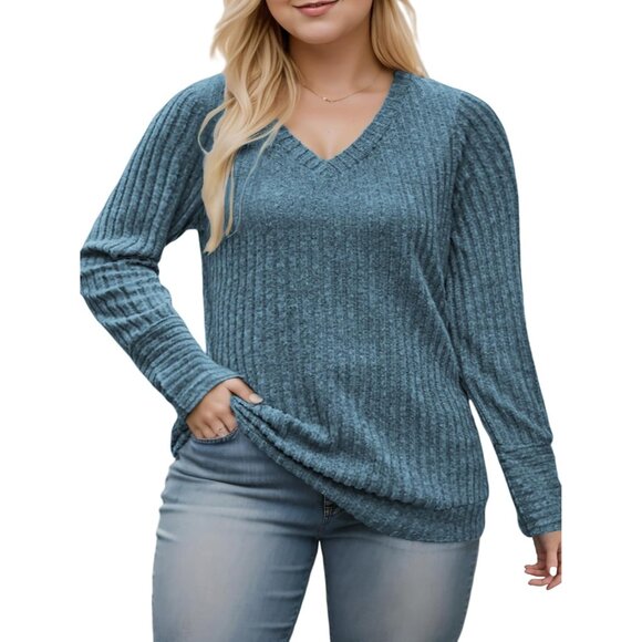 Plus Size Women's V Neck Sweater Top Lightweight Knit Flowy Tunic - Picture 2 of 5